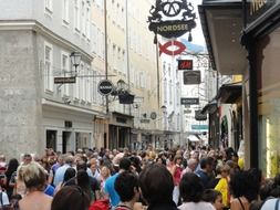 tourists on the crowded street in salzburg