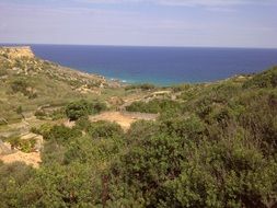 panoramic view of the green coast of the ocean