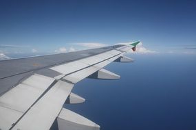 View of the plane's white and grey wing in flight