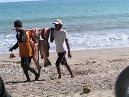 fishermen with a catch go along the beach
