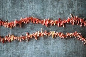 necklace of red stones lie on the fabric