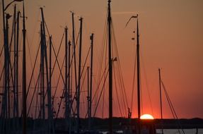 silhouettes of boats in the port at sunset