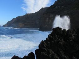 wave splashes and volcanic rocks