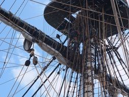 Sail ropes and rigging of french frigate hermione