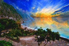 colorful sunset over the coast like painting
