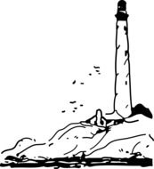 black and white drawing of a lighthouse on a hill by the sea