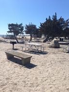 tables and benches on the beach for a picnic