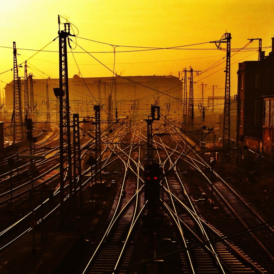 railway track at colorful sunset background
