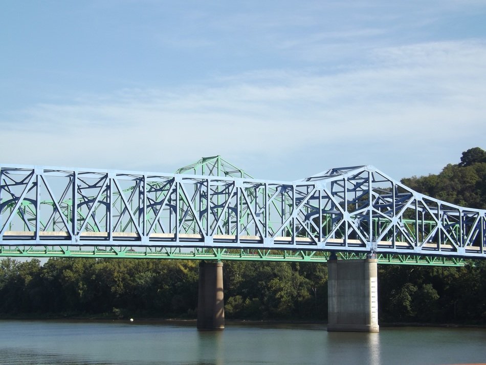 distant view of the iron bridge over the river