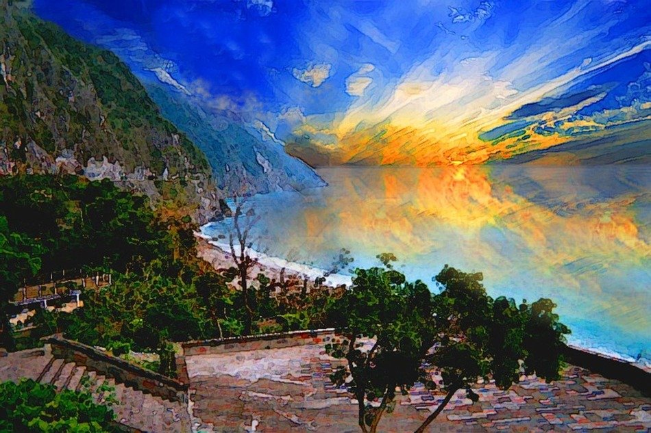 colorful sunset over the coast like painting