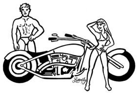 black and white picture of people near a motorcycle