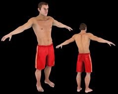 man in red drawing shorts