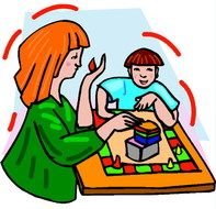 drawing of woman and boy playing with Board game