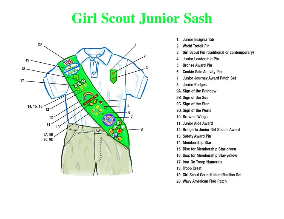 Girl Scout sash Insignia Placement, drawing