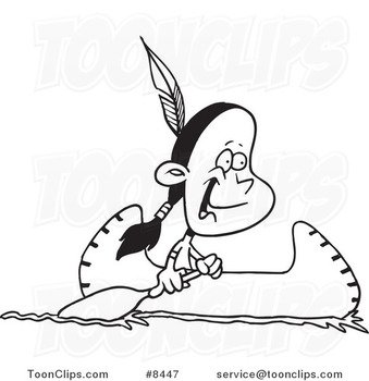Cartoon Black And White Line Drawing Of A Native American Boy In