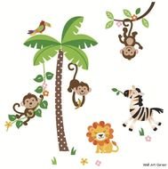 Nursery Wall Sticker Decals Jungle Monkeys &amp; Palm Tree Lion Zebra