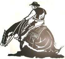 black and white drawing of cowboy horse racing