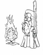 black and white drawing of a Jewish man near a fire