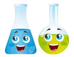 two cute Science Beakers with faces, drawing