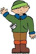 painted boy in a green jacket and hat