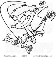 Cartoon Black And White Outline Design Of A Karate Boy Chopping Wood