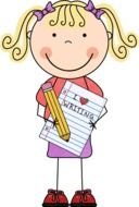 cartoon happy girl with pen and paper, i love Writing