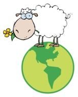 cartoon white sheep with flower in mouth at top of globe