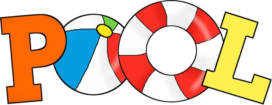 Pool, colorful lettering with ball and buoy