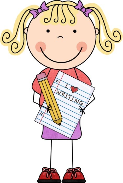 cartoon happy girl with pen and paper, i love Writing