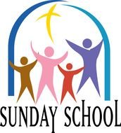 Sunday School, logo, four abstract people beneath arch with cross