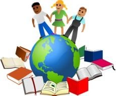 cartoon kids and books around globe