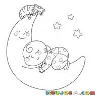 Bebe Y Gato Durmiendo Sobre La Luna Para Colorear Dibujos