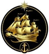 Gold Sailing Ship In Vector With A Wind Rose And An Anchor
