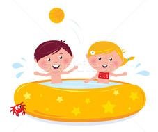 Little Girl And Boy Splashing In The Swimming Pool Isolated On By
