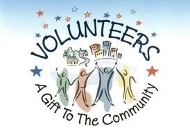 people holding hands up, colorful volunteers emblem