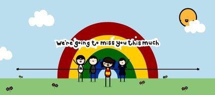 drawing of children on a rainbow background