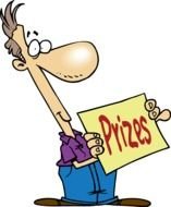 drawing of Prizes text on sign and cartoon man