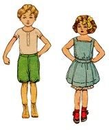 child boy and girl in vintage clothe, drawing