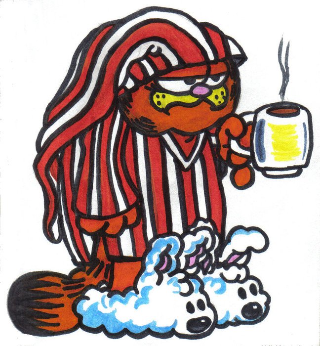 cartoon angry cat with hot drink