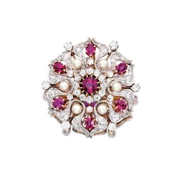 Platinum Gold Ruby Diamond And Pearl Brooch By Pickslay & Co