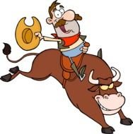 Rodeo, cartoon happy man riding angry bull