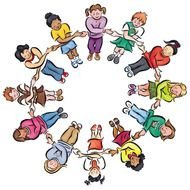drawn schoolchildren hold hands in a circle