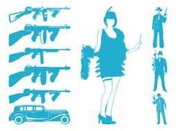 Drawing of the guns,car and gangsters clipart