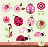 Pink Ladybug Garden Digital Illustration For Scrapbooki