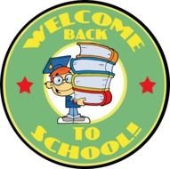 Welcome Back To School, round sticker with child boy holding stack of books