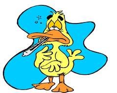 drawing of a duck with a thermometer on the background of a puddle