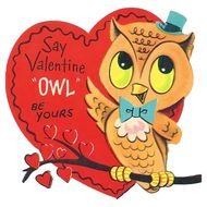 card with an owl on a background of red hearts