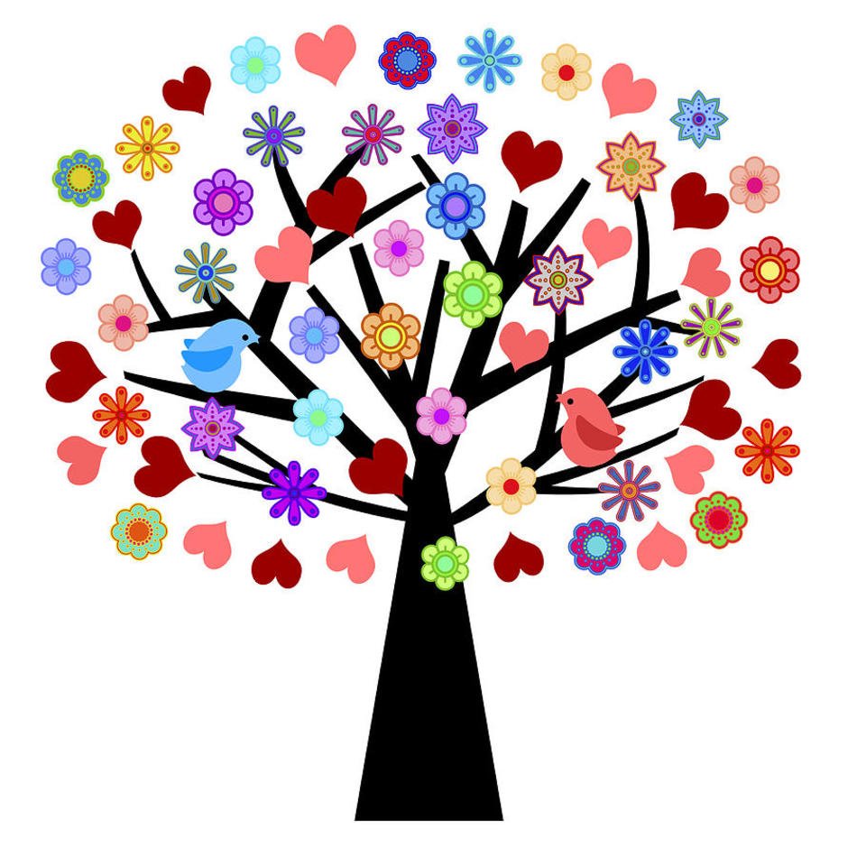 painted multi-colored crown of a tree of flowers and hearts