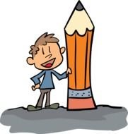 cartoon boy with a big pencil on a black background