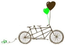 adult tandem bicycle with heart form balloons, drawing